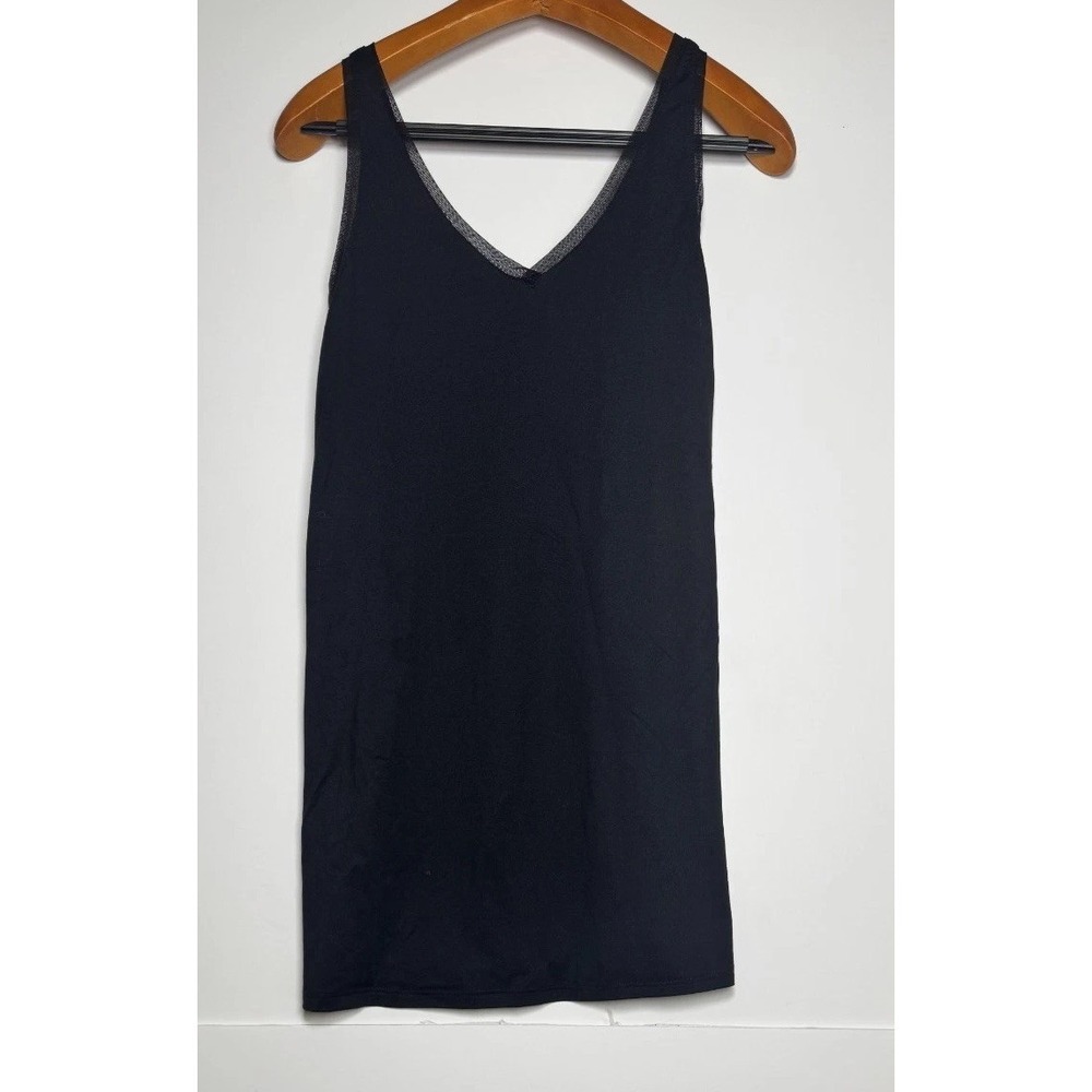 Joyspun Sleep Chemise Women Small (4-6) Black V Neck Adjustable Straps Mesh Trim